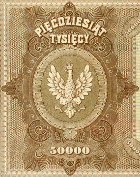 Orzeł Polski - Polska Krajowa Kasa Pożyczkowa - fragment banknotu 50 tysięcy marek polskich z datą 10 października 1922									
