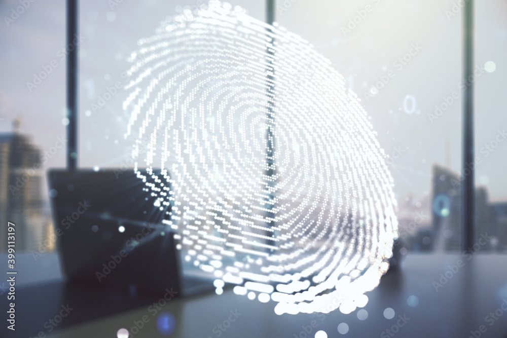 Poster multi exposure of abstract fingerprint scan interface and modern desk with computer on background, d