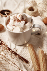 Cup of hot chocolate with marshmallow and christmas decorations. Winter cozy home concept