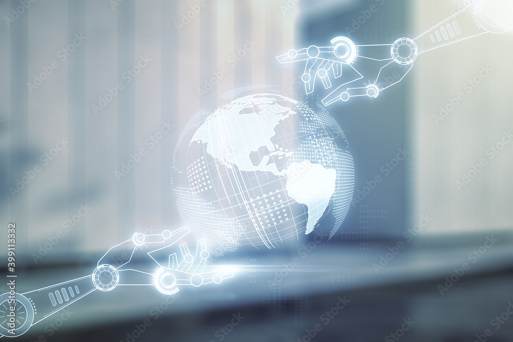 Aufkleber abstract virtual robotics technology hologram with globe sketch on blurry modern office building bac