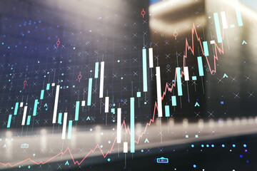 Multi exposure of virtual abstract financial graph interface on blurry contemporary office building background, financial and trading concept