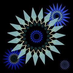 11 pt geometric star in green, blue and yellow, accented with star parts, on a black background