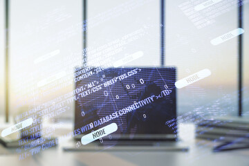 Multi exposure of abstract graphic coding sketch with world map on modern computer background, big data and networking concept