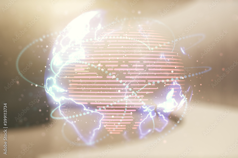 Aufkleber Double exposure of abstract digital world map hologram with connections on empty room interior background, big data and blockchain concept