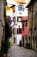 Narrow streets and colorful houses of Rovinj town, Istria, Croatia