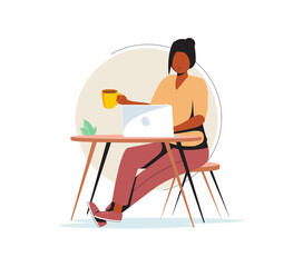 Black Woman chatting on a smartphone sitting at the cafe table. Happy freelancer or office female working remotely