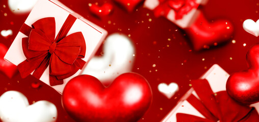 Valentine's day abstract background with red hearts and gift box. February 14, love. Romantic wedding greeting card. Women's, Mother's day. 3d rendering.