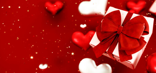Valentine's day abstract background with red hearts and gift box. February 14, love. Romantic wedding greeting card. Women's, Mother's day. 3d rendering.