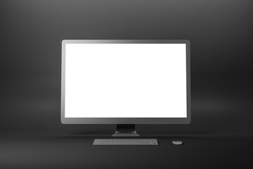 Computer monitor with empty white screen, keyboard and mouse.