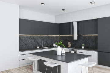 Modern wooden kitchen studio interor.