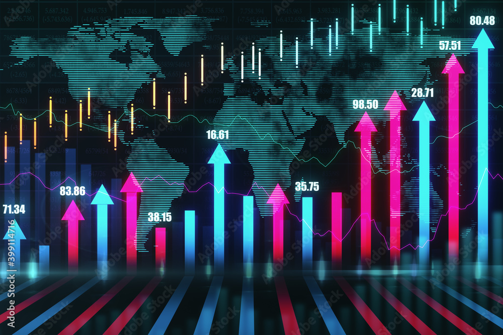 Poster digital world map with candlestick chart