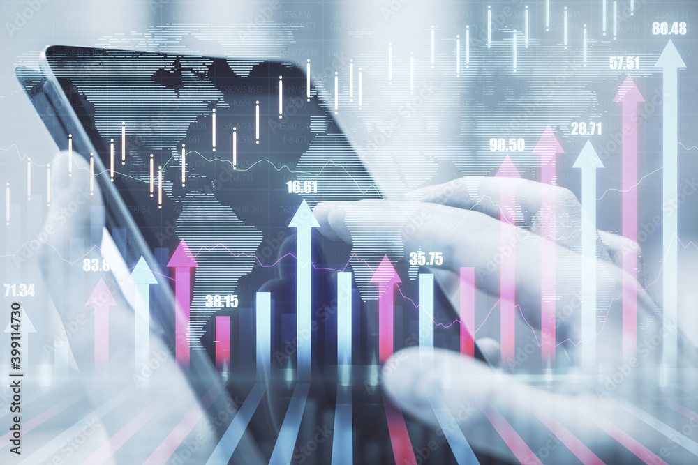 Poster Hand using tablet computer with business charts and arrows graph.