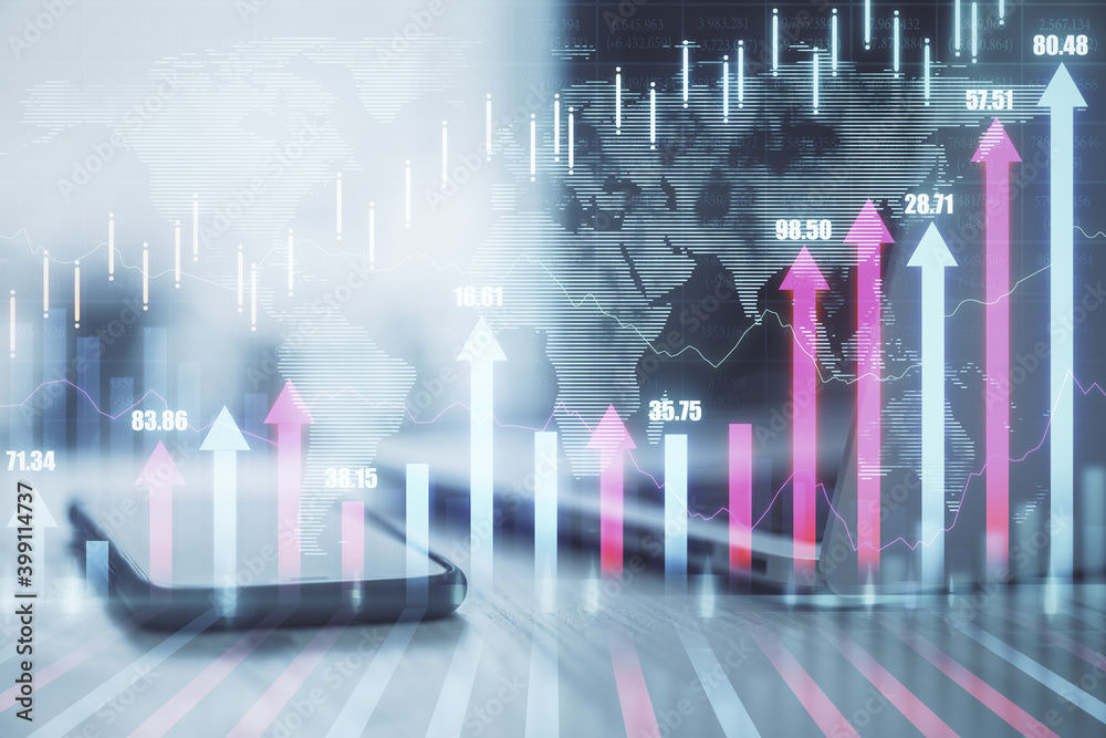 Poster smaprtphone and laptop on desktop with glowing stock chart hologram