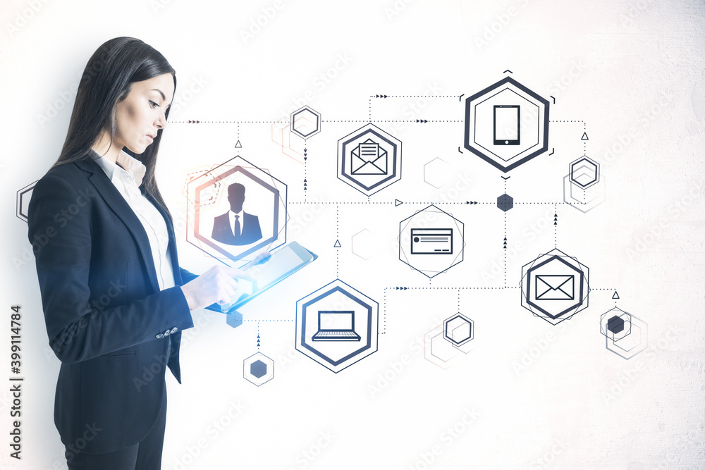 Poster young businesswoman using tablet computer and drawing computer cloud diagram