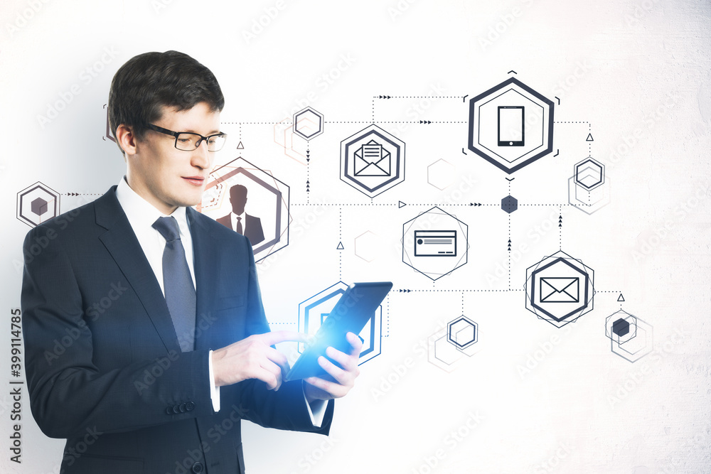 Poster businessman using digital tablet and drawing computer cloud diagram.