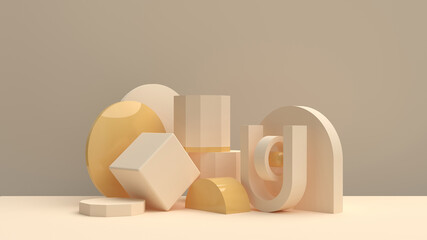 Scene with glossy geometric shapes in champagne tones for product display