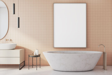 Naklejka na ściany i meble Comfortable bathroom with blank banner on wall.