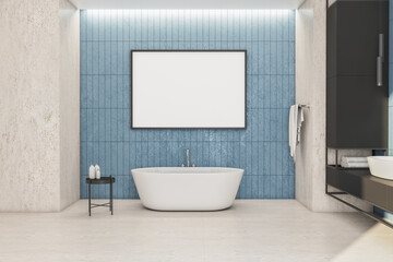 Bright bathroom with bathtub and blank poster on wall.