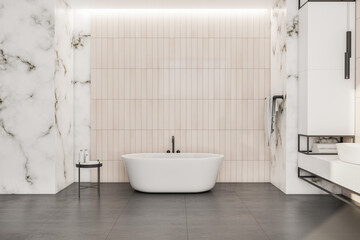 Fototapeta na wymiar White bath in marble bathroom