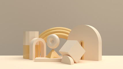 Composition with rounded shapes in champagne tones for product demonstration