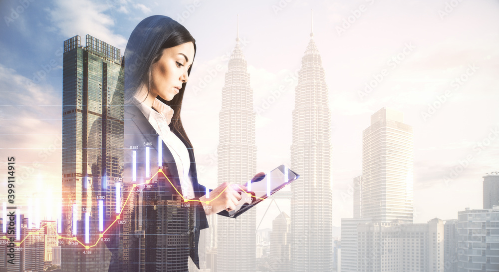 Poster businesswoman using tablet computer with candlestick chart