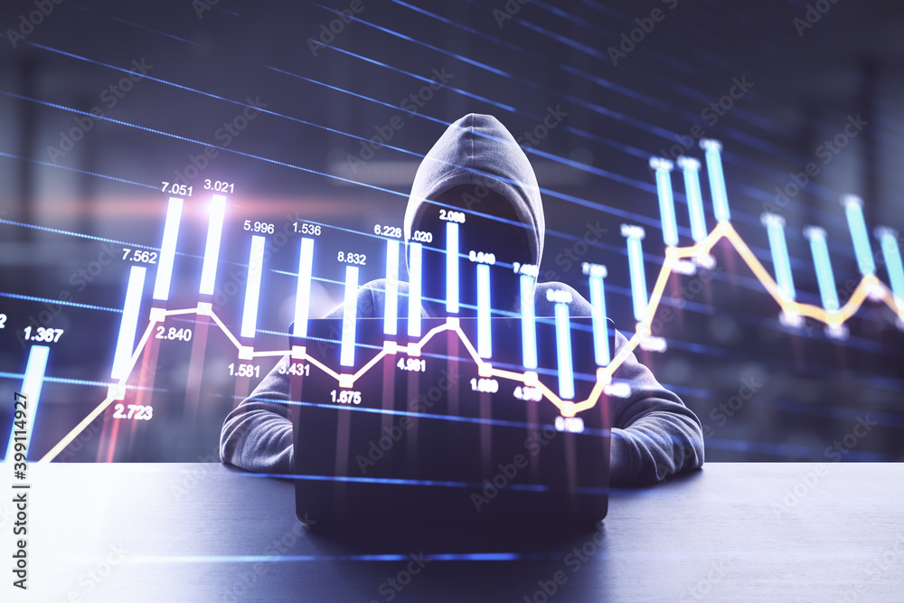 Poster Hacker using laptop with abstract forex interface