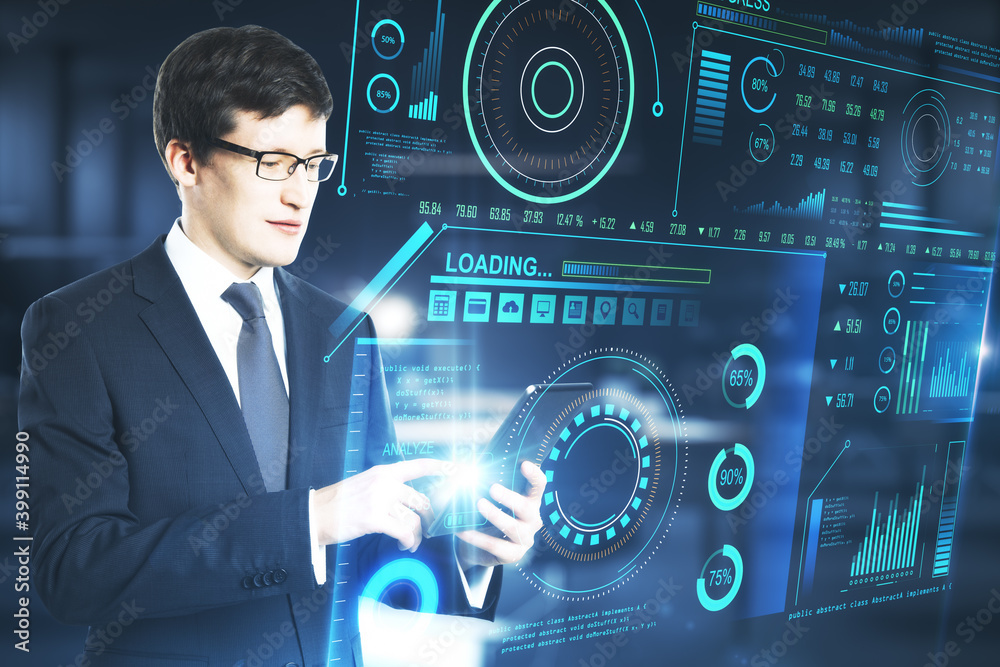 Aufkleber businesswoman using tablet with abstract big data interface.