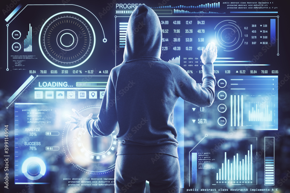Poster Hacker using abstract big data interface on virtual screen