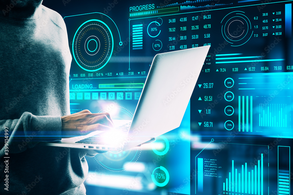 Leinwandbilder hacker using laptop with digital interface
