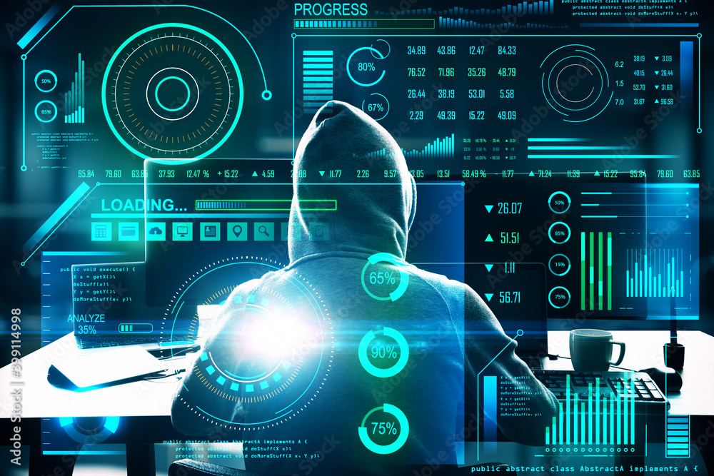 Aufkleber Hacker using computer with software interface