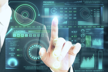 Hand pushing abstract big data hologram.