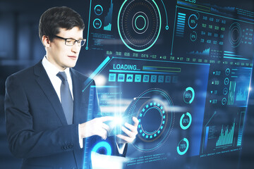 Businesswoman using tablet with abstract big data interface.