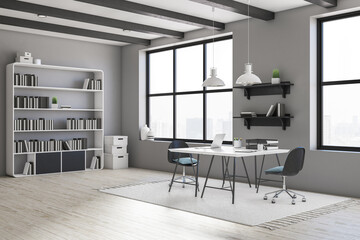 Loft home office with laptop on wooden table