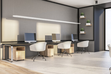 Bright office room with green grass on wall