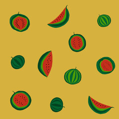 Watermelons on a mustard background. For printing on textiles or for other purposes.