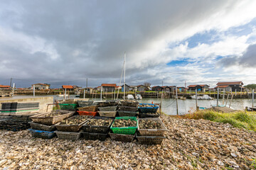 Oyster cabins in Larros Harbor in Arcachon Bay - Gujan-Mestras, Aquitaine, France