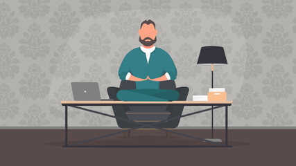 Cartoon style man meditation in office. Yoga at job. Businessman relaxing in lotus position on table with computer at the desk.