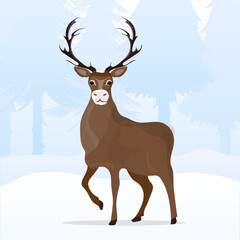 Winter Christmas landscape with snowy hills, deer, fir trees. Banner with space for text. Vector.