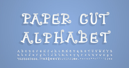 Paper cut alphabet. Flying 3D font, realistic paper cutouts style. Funny cartoon curly letters, numbers, punctuation marks. Vector font set