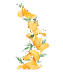 Potato chips fall down with spices and fennel, isolated on a white background