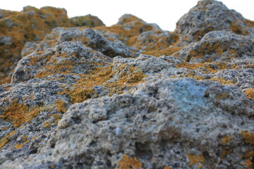 yellow moss, rock, stone, nature, mountain, landscape, sky, rocks, mountains, rocky, blue, texture, clouds, sea, beach, park, wall, travel, rough, summer, panorama, ocean, spain, granite, view, peak