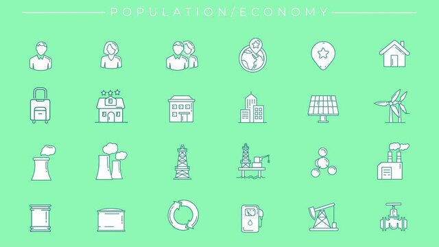 Animated filled green icons on Population and Economy theme.