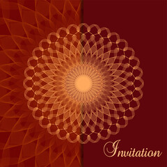 Golden openwork pattern on a dark red background. Luxurious invitation design. Vector abstract line art ornament. Elegant template for greeting card, coupon, gift voucher, book cover, brochure. EPS10