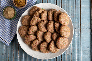 Raw Meatballs with Minced Meat ready for cooking. Turkish style raw meatballs.