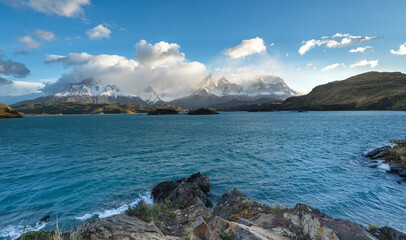 Landscape with lake Lago del Pehoe in the Torres del Paine national park, Patagonia, Chile