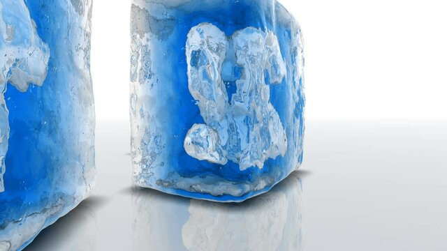 Fly around blue ice blocks with frozen-in numbers 2021. 4k UltraHD 3840x2160.