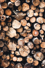 Background of dry chopped firewood logs stacked up on top 