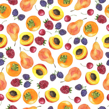Seamless pattern with summer fruit and berries on white background. Peach, pear, blackberry, cherry, raspberry and persimmon. Hand drawn watercolor illustration.