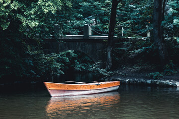 Naklejka na ściany i meble Lake landscape with boat