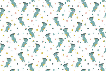 Seamless pattern of cute cartoon joyful parasaurolophus standing on its hind legs in profile, monstera leaves and circles. Repeating herbivorous dinosaurs. Vector.